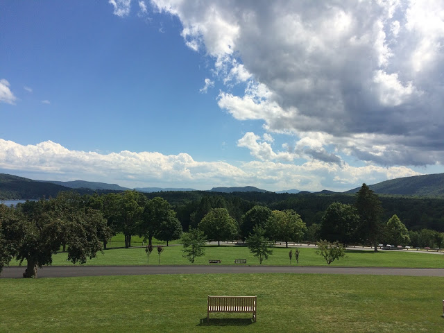 Kripalu's green grounds with mountains in the distance