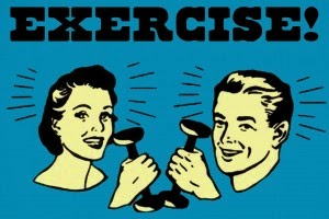 Retro Looking Cartoon of a Man and Woman Holding Dumbells with the Headline Exercise!