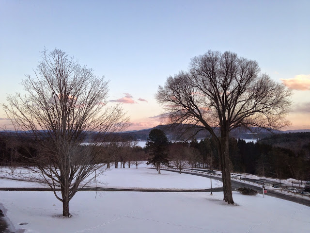 Winter landscape with snowy ground, two bare trees, and a sunset in the background
