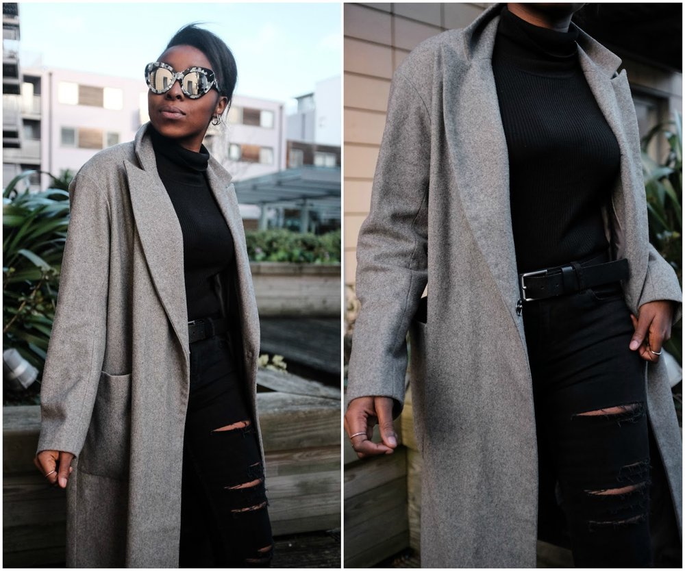 Fashion blogger wearing Go Go Go LeSpecs sunglasses long grey asos coat ripped black jeans 