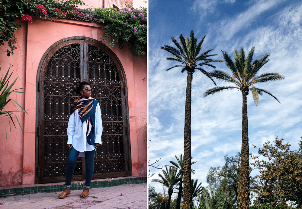 Fashion blogger in Marrakech Morocco wearing white Weekday shirt Dr Denim skinny jeans H&M patterned scarf Tan Zara tie up sandals tortoise shell sunglasses 