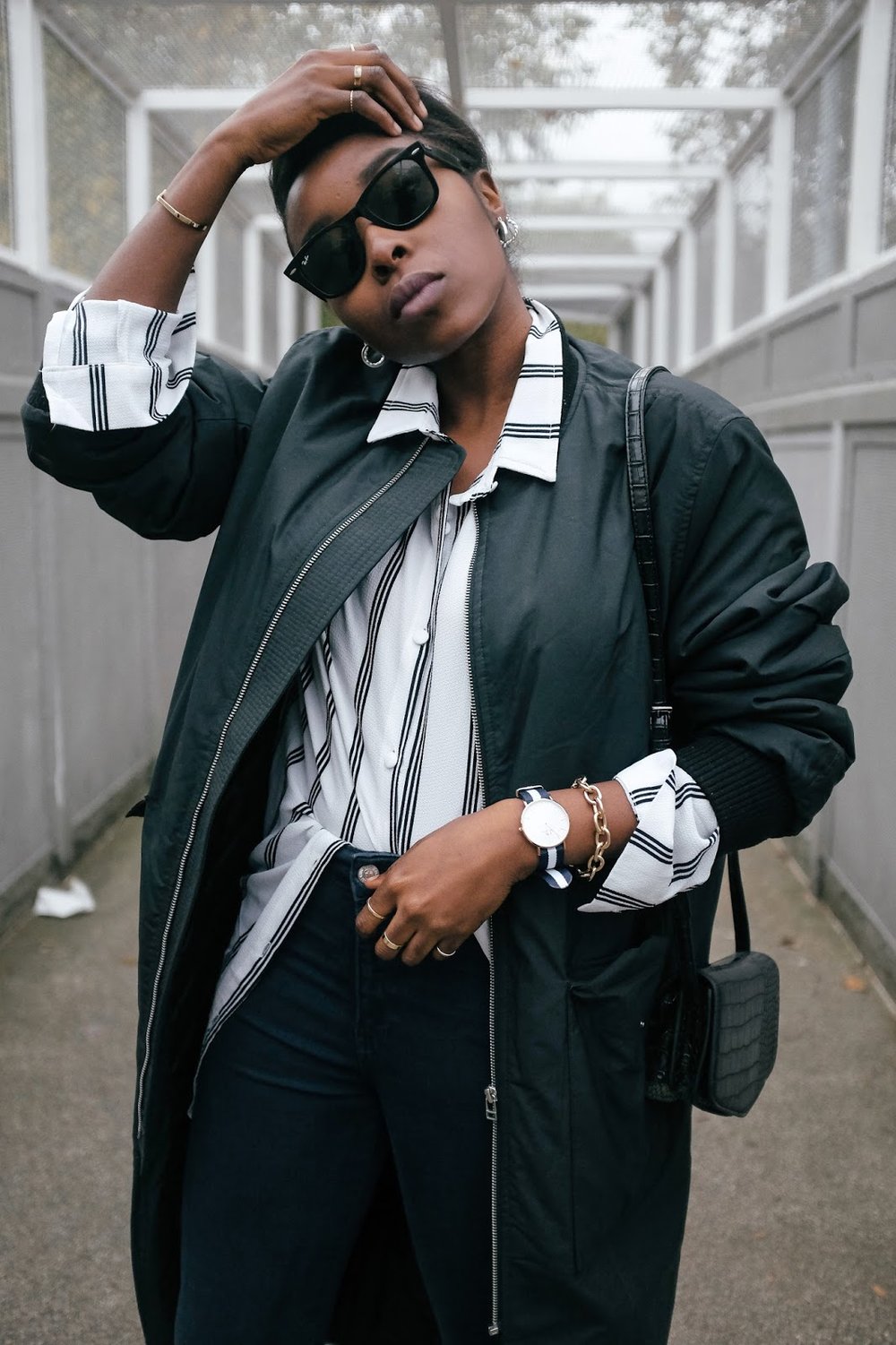H&M Long Bomber Jacket Missguided Striped Shirt UK Fashion Blogger 