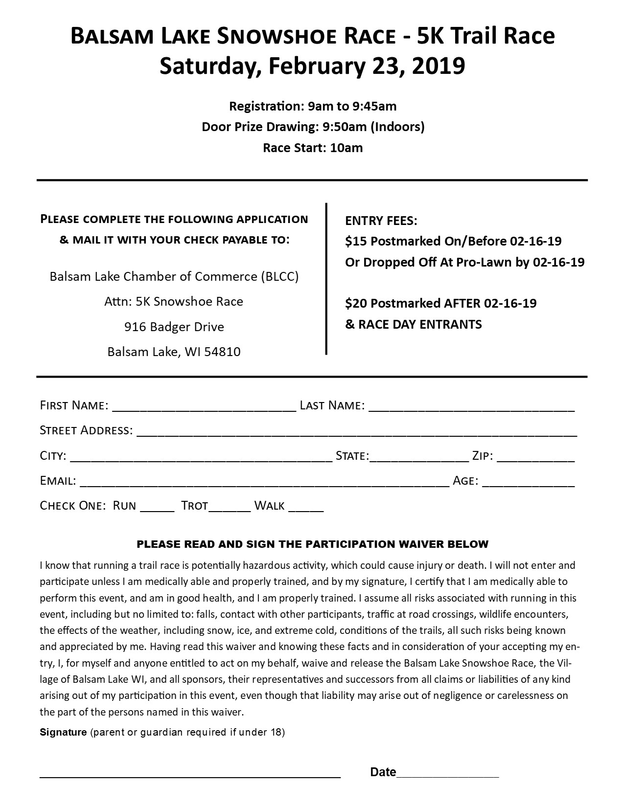  Balsam Lake Snowshoe Race Registration Form 