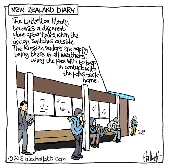 The Lyttelton library becomes a different place after hours when the acting switches outside. The Russian sailors are happy being there in all weathers using the free Wi-Fi to keep in contact with the folks back home-Doodle-NZdiary-41.png