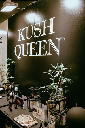 Product Display of Kush Queen CBD Products at BeautyCon. 
