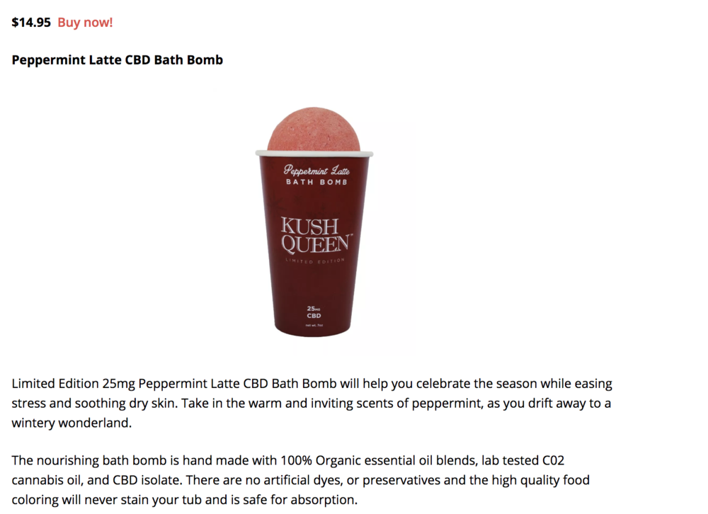 Features Peppermint Latte 25mg CBD Kush Queen Bath Bomb as seen in Splash Magazines.