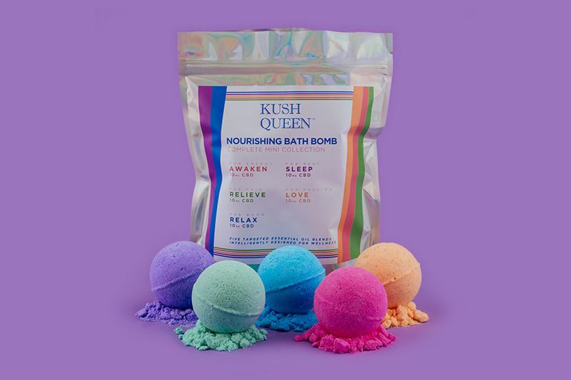 Complete Mini Bath Bomb Collection by Kush Queen featured with 5 mini bath bombs and holographic bag.