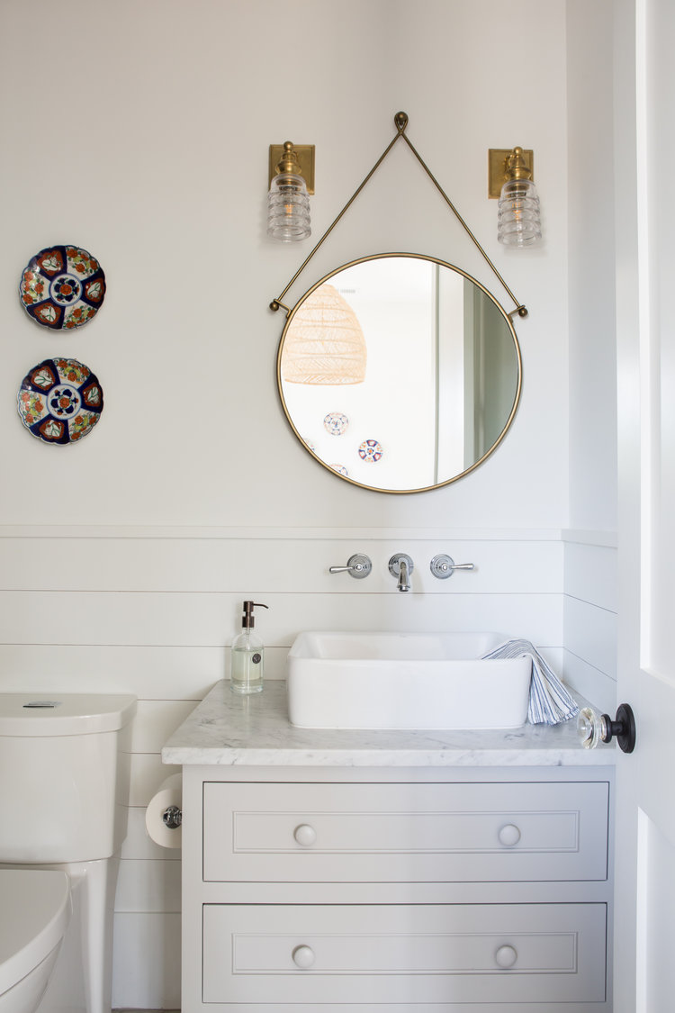 Cottage style bathroom with vessel sink. Coastal Cottage Interior Design Inspiration - Part 1 {Get the Look!} #bathroomdesign #coastaldecor #cottagestyle #shiplap