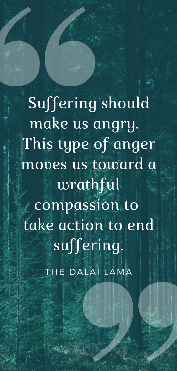 “Suffering should make us angry.  This type of anger moves us toward a wrathful compassion to take action to end suffering.” - the Dalai Lama  | Click through for more quotes on compassionate anger from the Dalai Lama #dalailama #dalailamaquotes #angerquotes