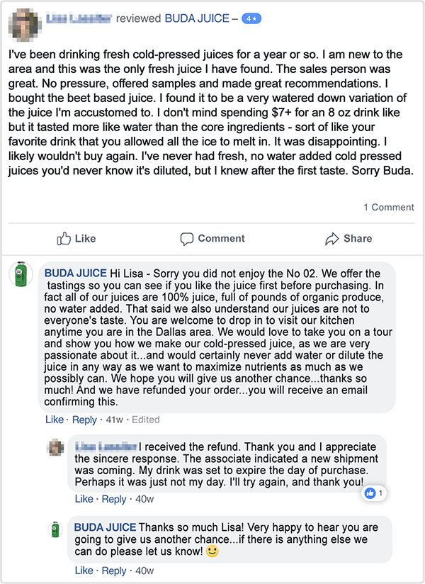 Buda Juice's social media interaction with a customers.