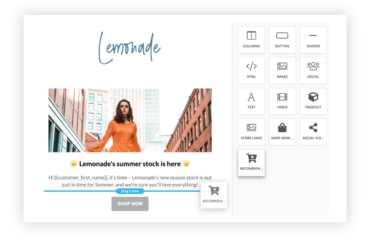 Lemonade's summer stock email campaign using Marsello's drag-and-drop builder