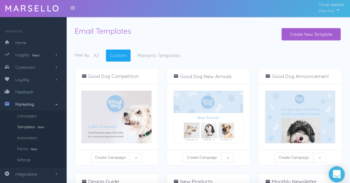 Marsello's in-app email templates with custom themes.