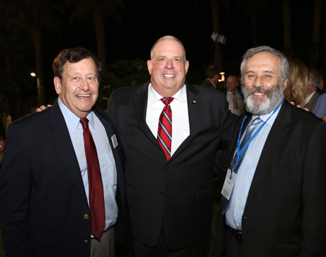 Maryland Governor Larry Hogan (center) joins Brimrose Technology's Dave Trudil (left) and File X's Alex Furlinder (right) at a reception in Israel.
