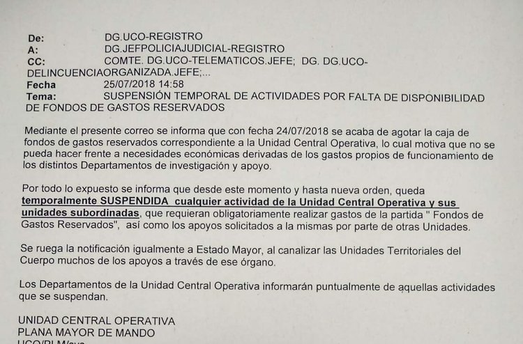  Documento en el que se informa que los fondos de la UCO estÃ¡n agotados. 