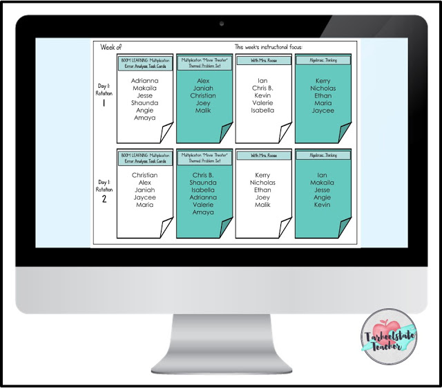 I'm sharing how I schedule my math stations rotations. Grab your free editable math rotations station template for upper elementary math stations. Learn how my math stations are differentiated within the schedule of assignments.