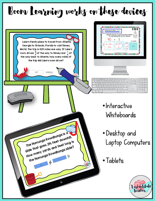My 4th grade and 5th grade task cards have gone digital with a new interactive platform called Boom Learning! Digital task cards are  especially awesome for math centers, math stations, whole group lessons, and differentiation. If you've been looking for alternatives to Google Drive or Google Classroom--you probably want to check this out! Are you going paperless in your classroom (or at least trying to reduce your copies at school)? I'll give you options for getting the pdf printable versions as well as the digital versions so that you will have the choice for how you use them in your classroom! 