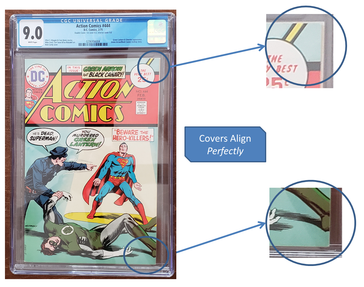 Tip #2 to Identify a Fake Double Cover: The front and back covers aren’t aligned Action Comics #444 CGC Double Cover 1