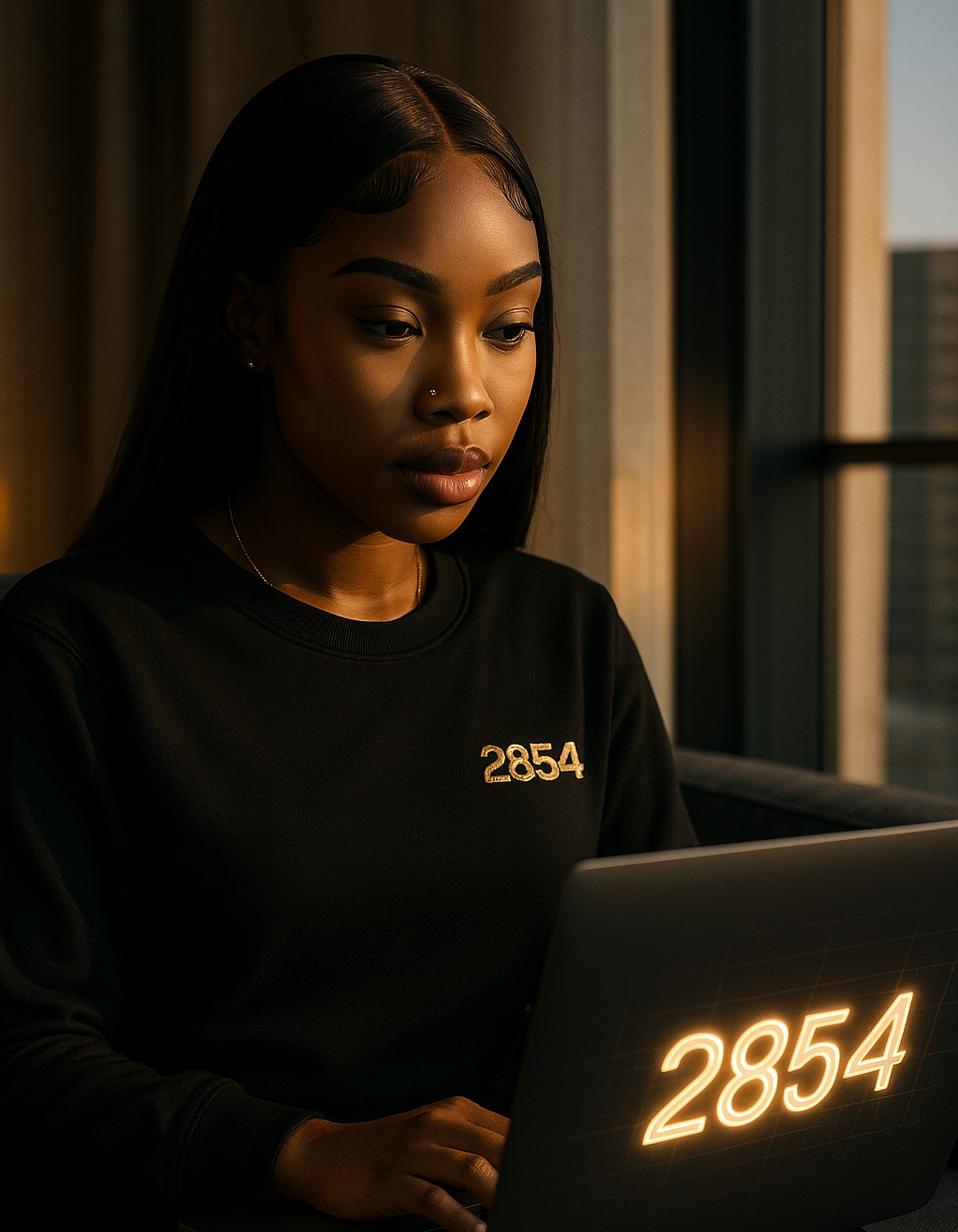 Lyric, a young African American woman, working in a high-rise in soft sunlight