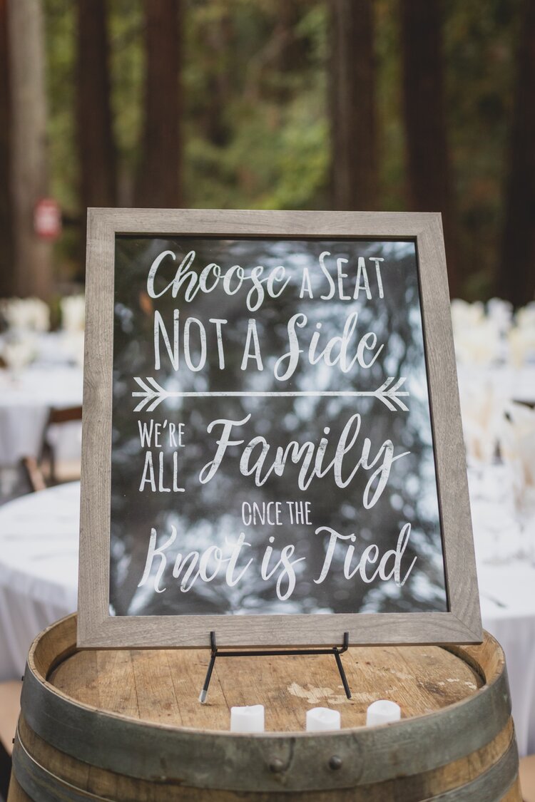 A Diy Wedding Sign On A Wooden Barrel.