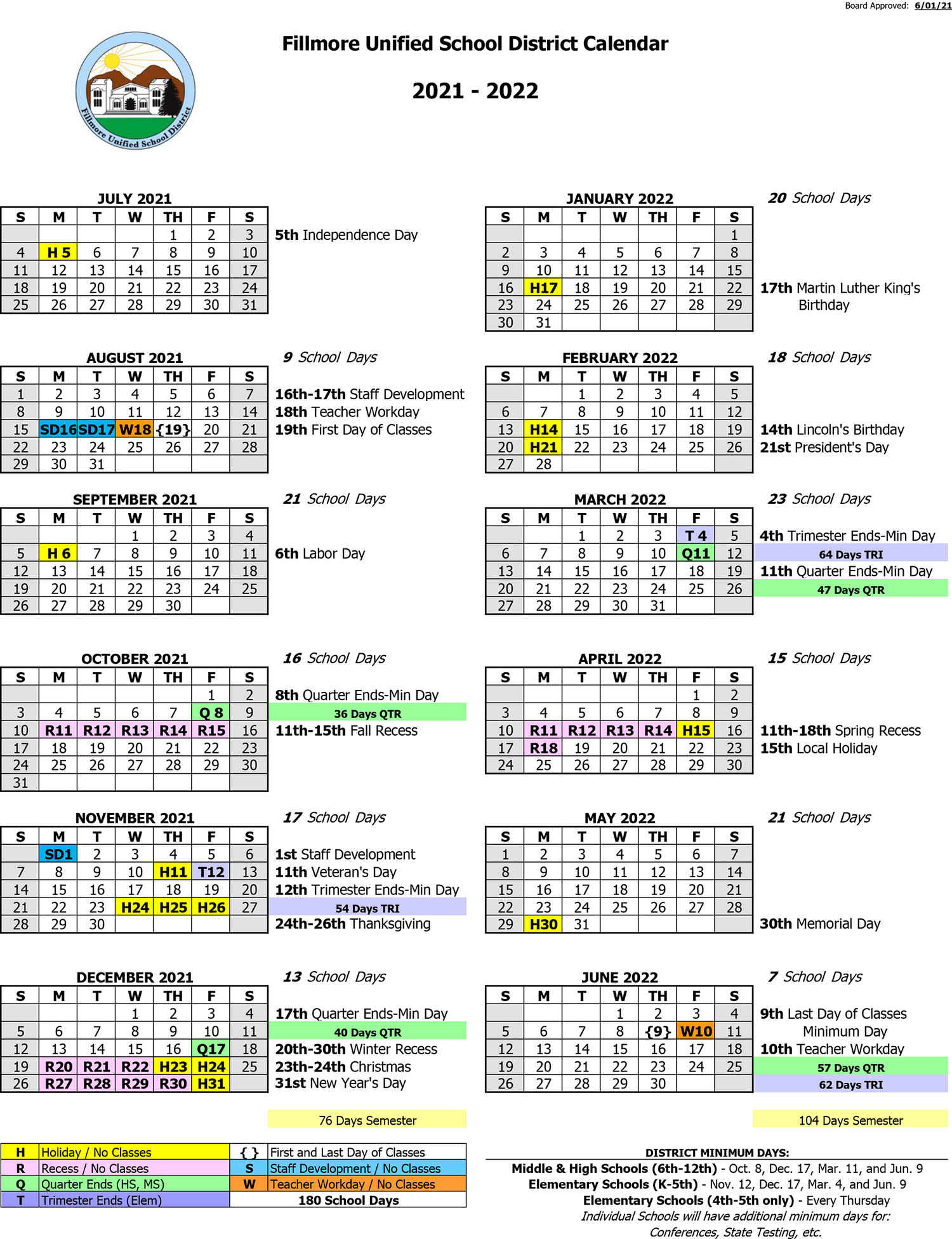 Csun Summer 2022 Calendar 2021-2022 School Calendar — Fillmore Unified School District