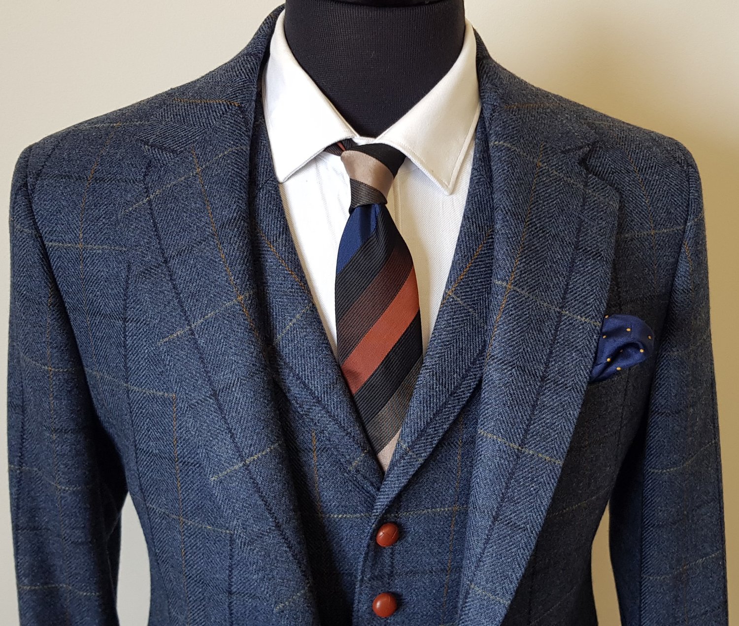 3 Piece Tweed Suit in Blue Herringbone with Double Check — TWEED ADDICT