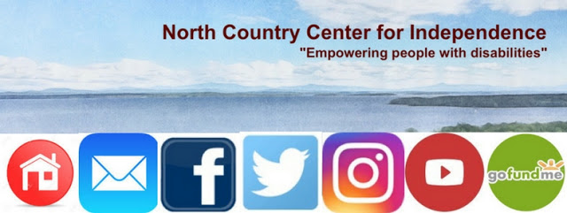 Painted style landscape of Lake Champlain with social media icons below, and text: North Country Center for Independence "Empowering people with disabilities"