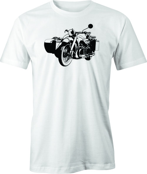 BMW R 75 with Side Car printed on men's T shirt.