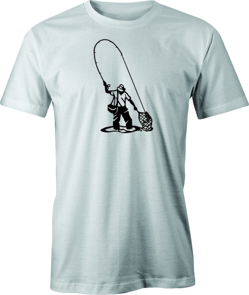 Fly fisherman netting the trout drawing printed on Men's T shirt