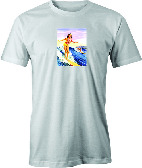 40's Hawaii Travel Surf Poster printed on men's T shirt