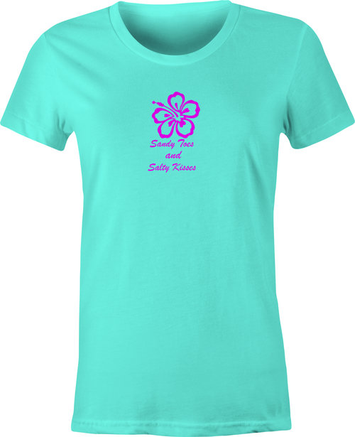 Hibiscus with Sandy Toes and Salty Kisses Script printed on Women's T shirt