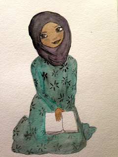 drawing of brown skinned girl in purple hijab and light blue floral dress holding a book, by S. K. Ali