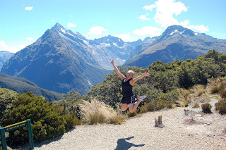 Tanaya mid-jump with mountain in background