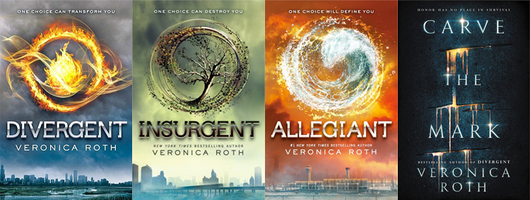 covers of Divergent, Insurgent, Allegiant, and Carve the Mark