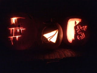 pumpkins carved with covers from Veronica Roth's CARVE THE MARK, Ellen Oh's FLYING LESSONS AND OTHER STORIES, and Kate Hart's AFTER THE FALL