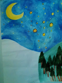 watercolor of a snowy starry night with pine trees by amy lukavics
