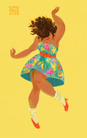 illustration by Simini Blocker: brown skinned girl dancing in sundress against yellow background