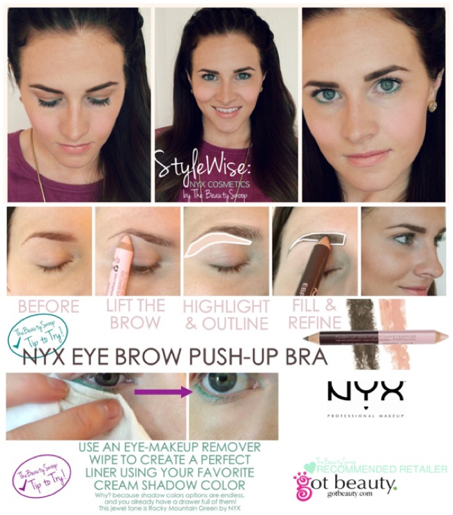 NYX cosmetic- review on eyebrow push up bra, cheek stick, eye color pencil, and dewey setting spray