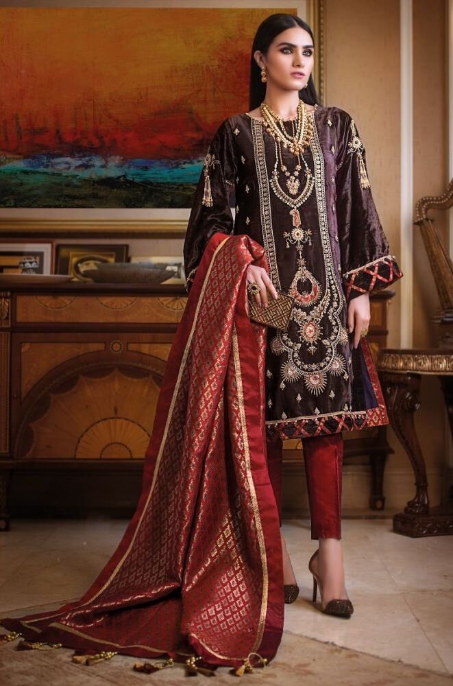 Pakistani salwar kameez Ready Made designer Velvet Suit  Embroidered 2020 3pc 