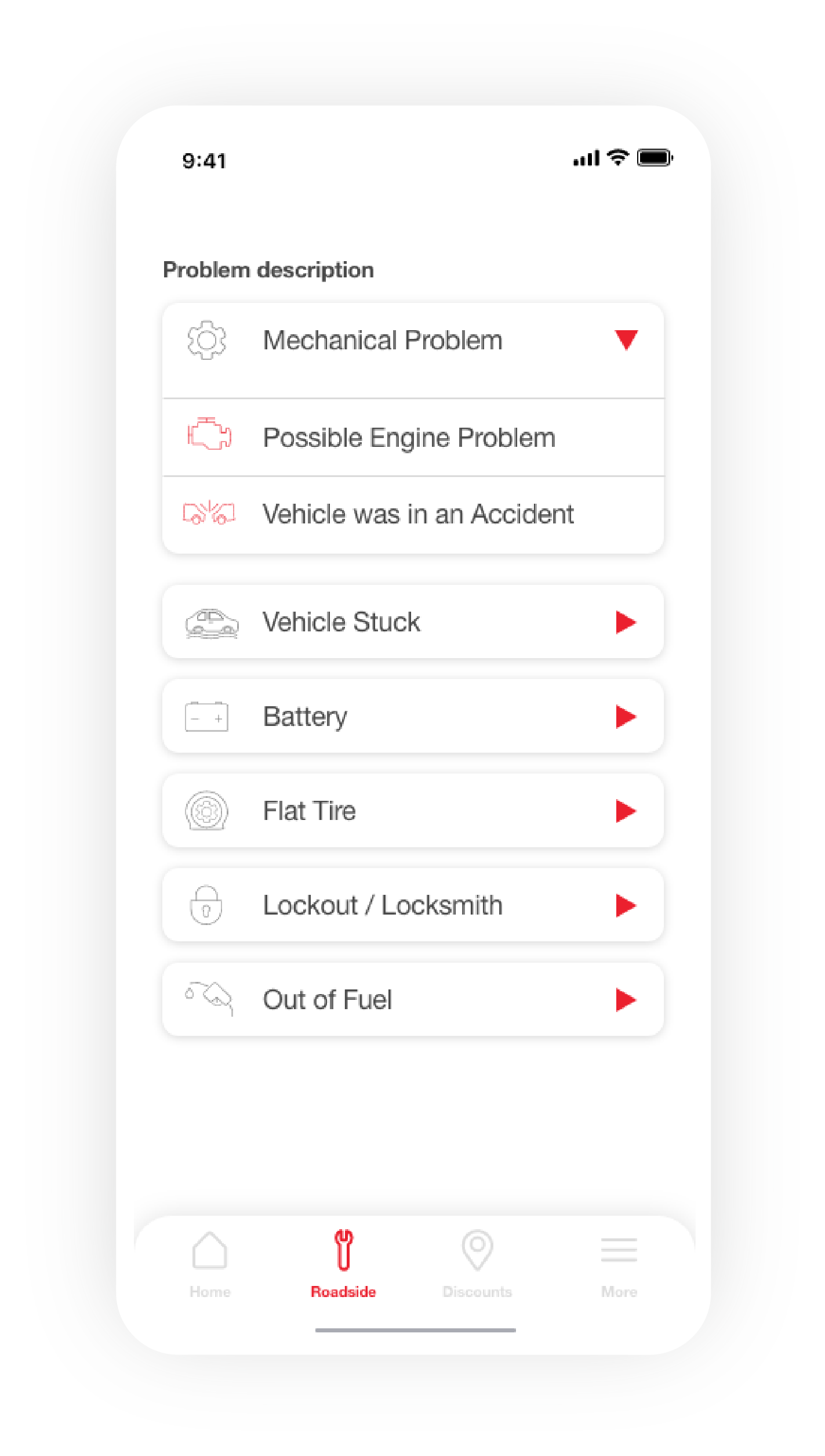 Roadside assist inquiry Screen Image