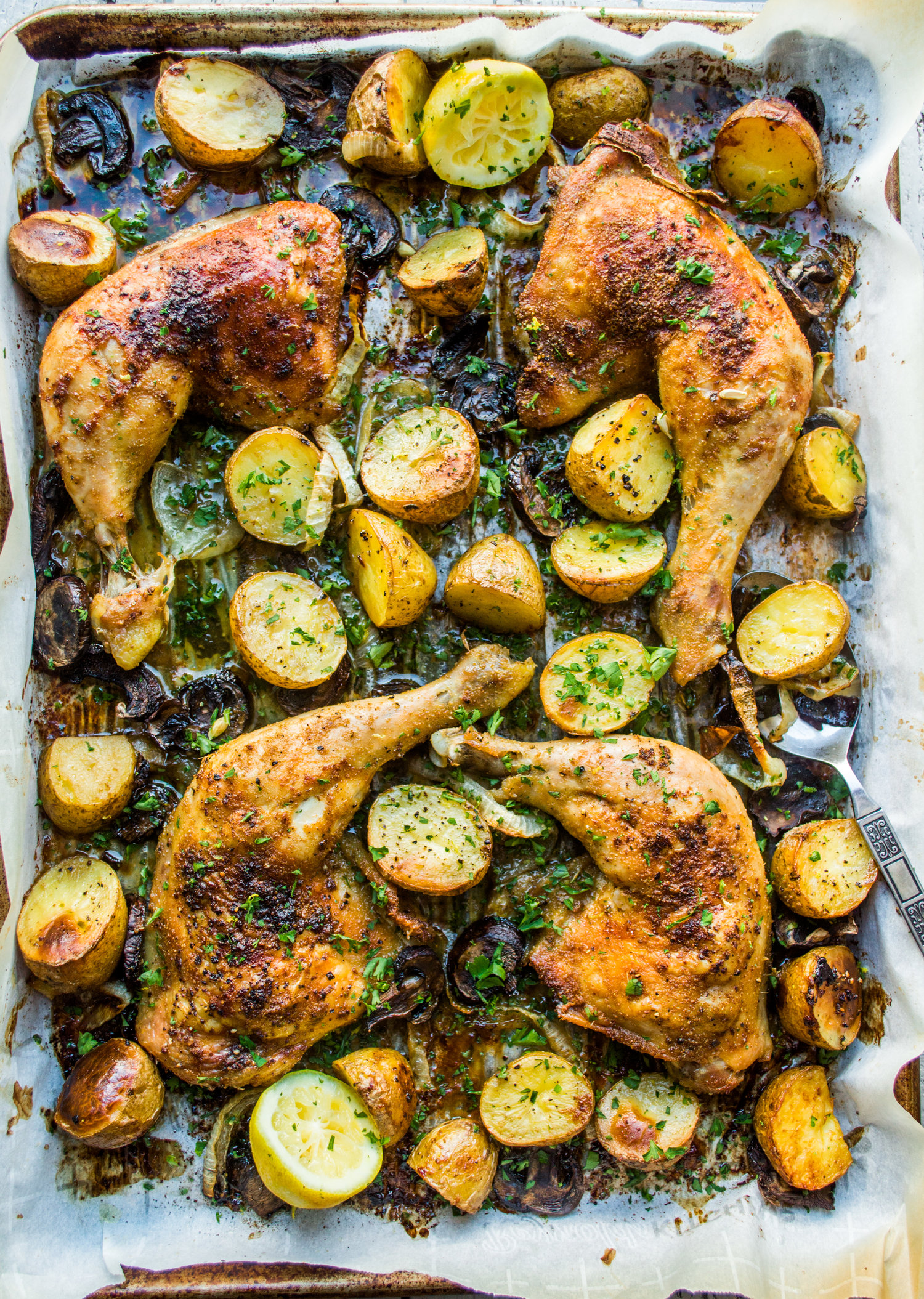 Sheet Pan Whole Chicken Legs with Potatoes and Mushrooms — Inspired ...
