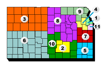 The map of Kansas which identify the eleven area agencies on aging in the state.