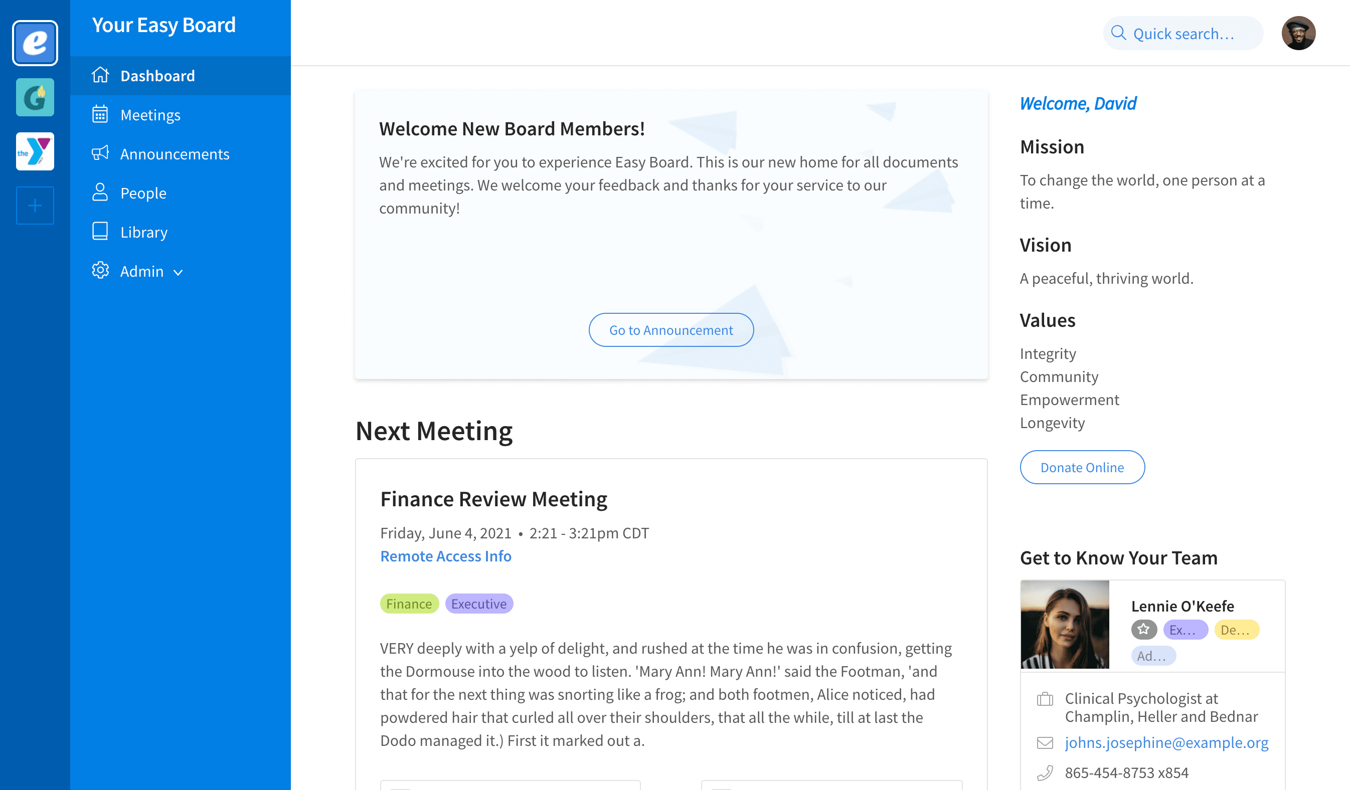 Screenshot the dashboard showing next meeting and previous meeting previews as well as board info in the sidebar