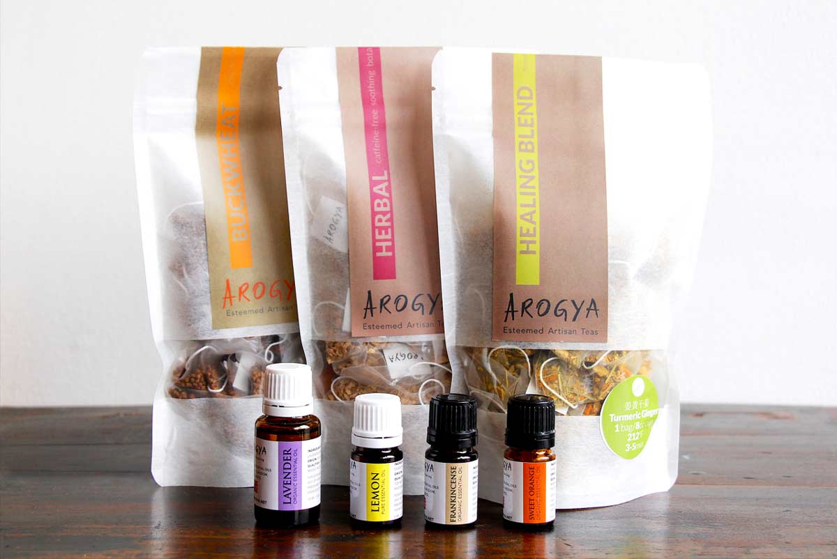 bagged teas and four essential oil blends