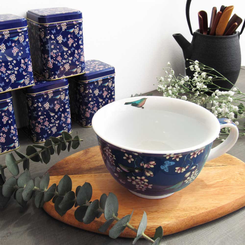 matching floral blue tea tin and tea cup