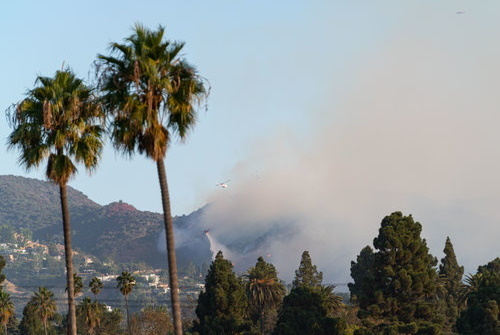 Image of the Santa Monica mountains from a distance as the Getty fire burns.