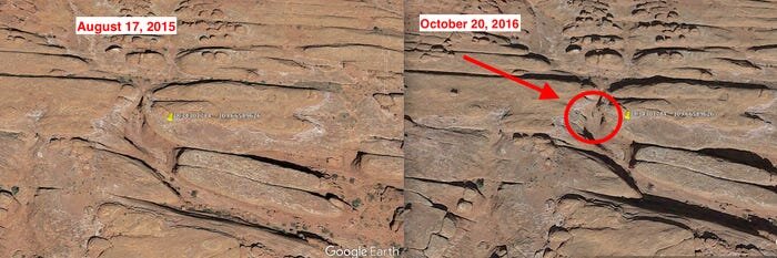 A side-by-side of the mysterious Utah monolith's location: left August 2015, right October 2016.