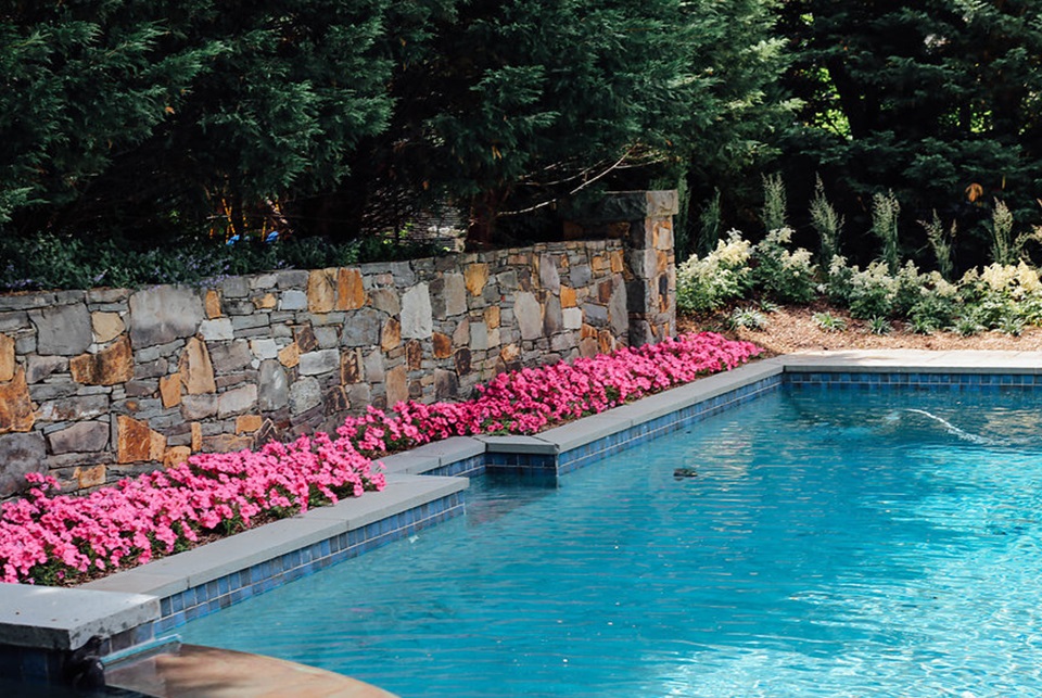 Retaining wall, flowers, pool - landscape design Madison NJ