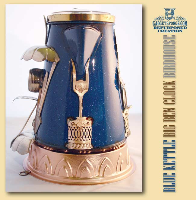 Enamel Porcelain Blue Kettle & Big Ben Alarm Clock Repurposed Upcycled ...