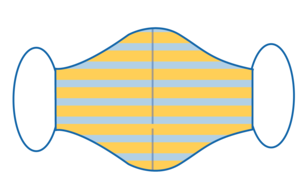 A cloth mask with a yellow and blue stripe pattern and loops on both sides