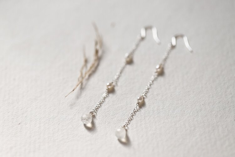 long silver earrings pearls and moonstones